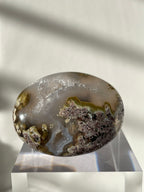 Scenic moss agate palm stone with earthy tones and intricate patterns, displayed on a clear stand.