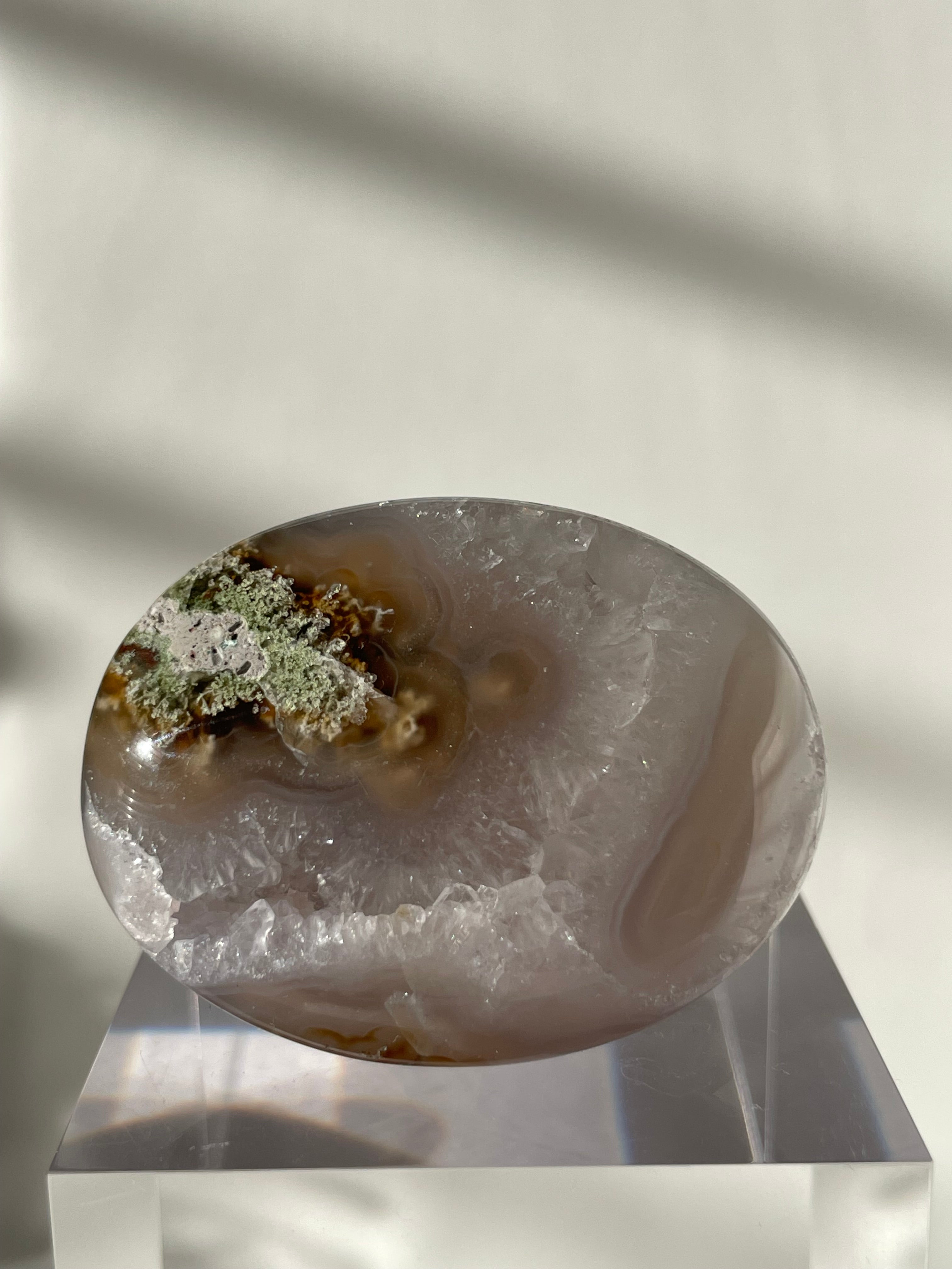 Scenic moss agate palm stone with earthy tones and natural patterns, displayed on a clear stand.