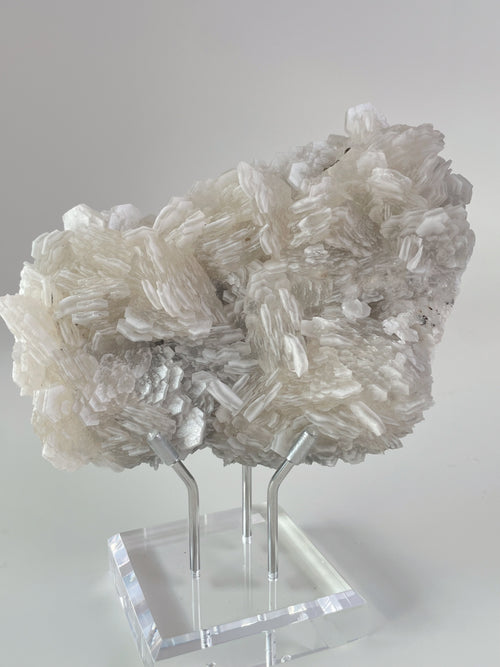 Biscuit Calcite specimen showcasing intricate crystal formations, displayed elegantly on a clear stand.