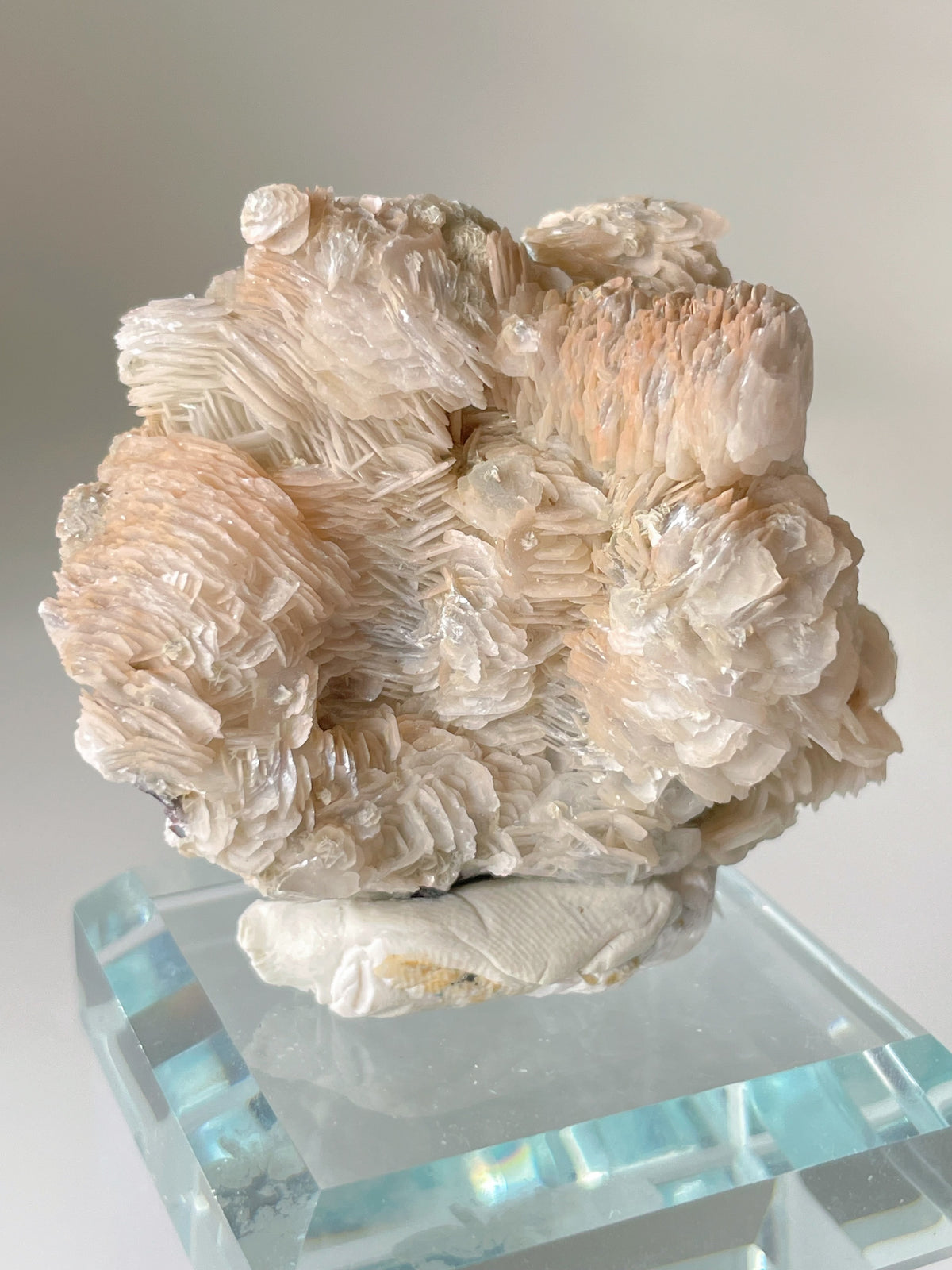 Beautiful bladed petal calcite specimen with delicate layers, displayed on a clear base.