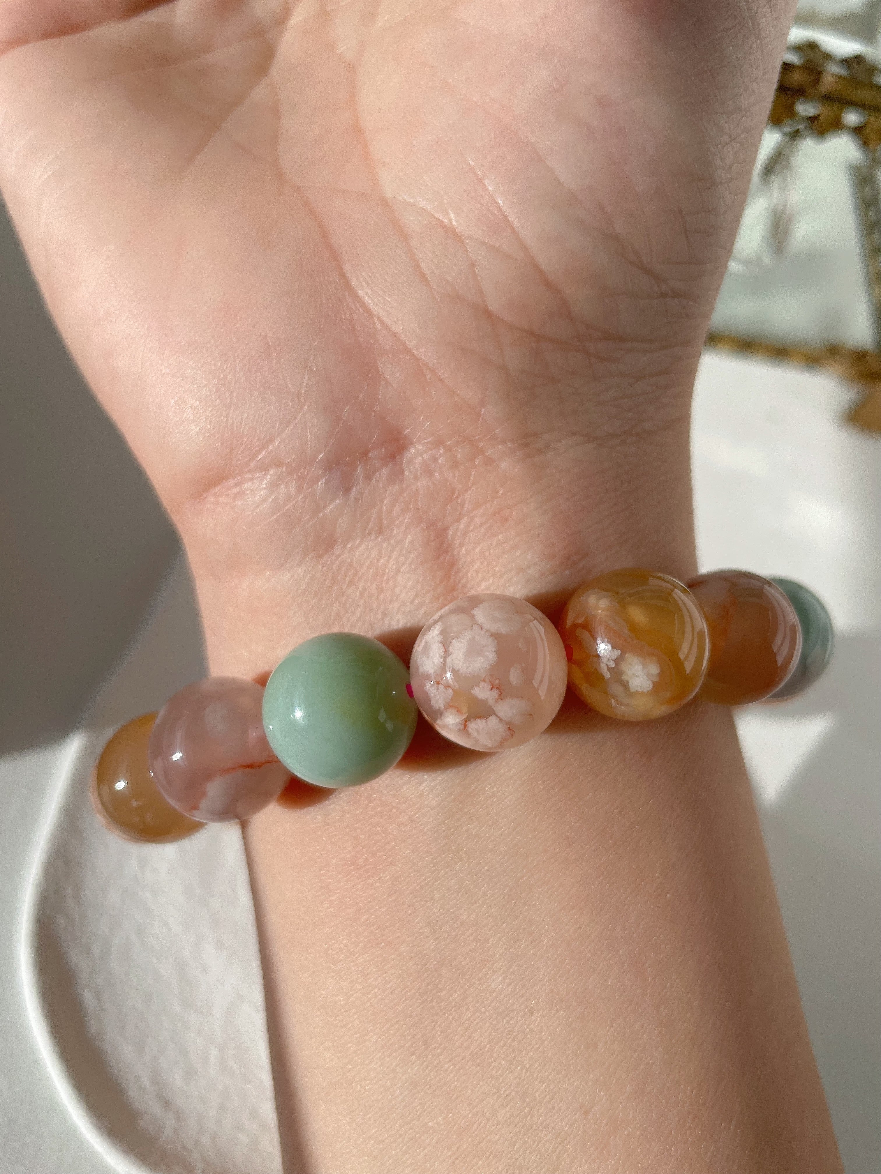 Green Flower Agate Bracelet - Chunky 14mm