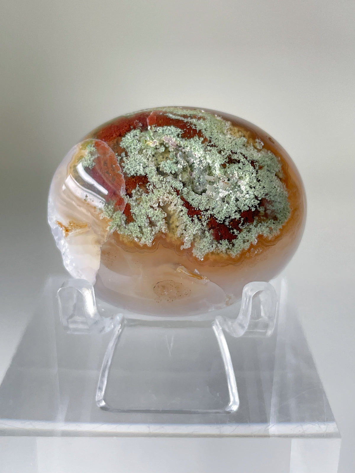Scenic moss agate palm stone with earthy tones and intricate patterns, displayed on a clear stand.