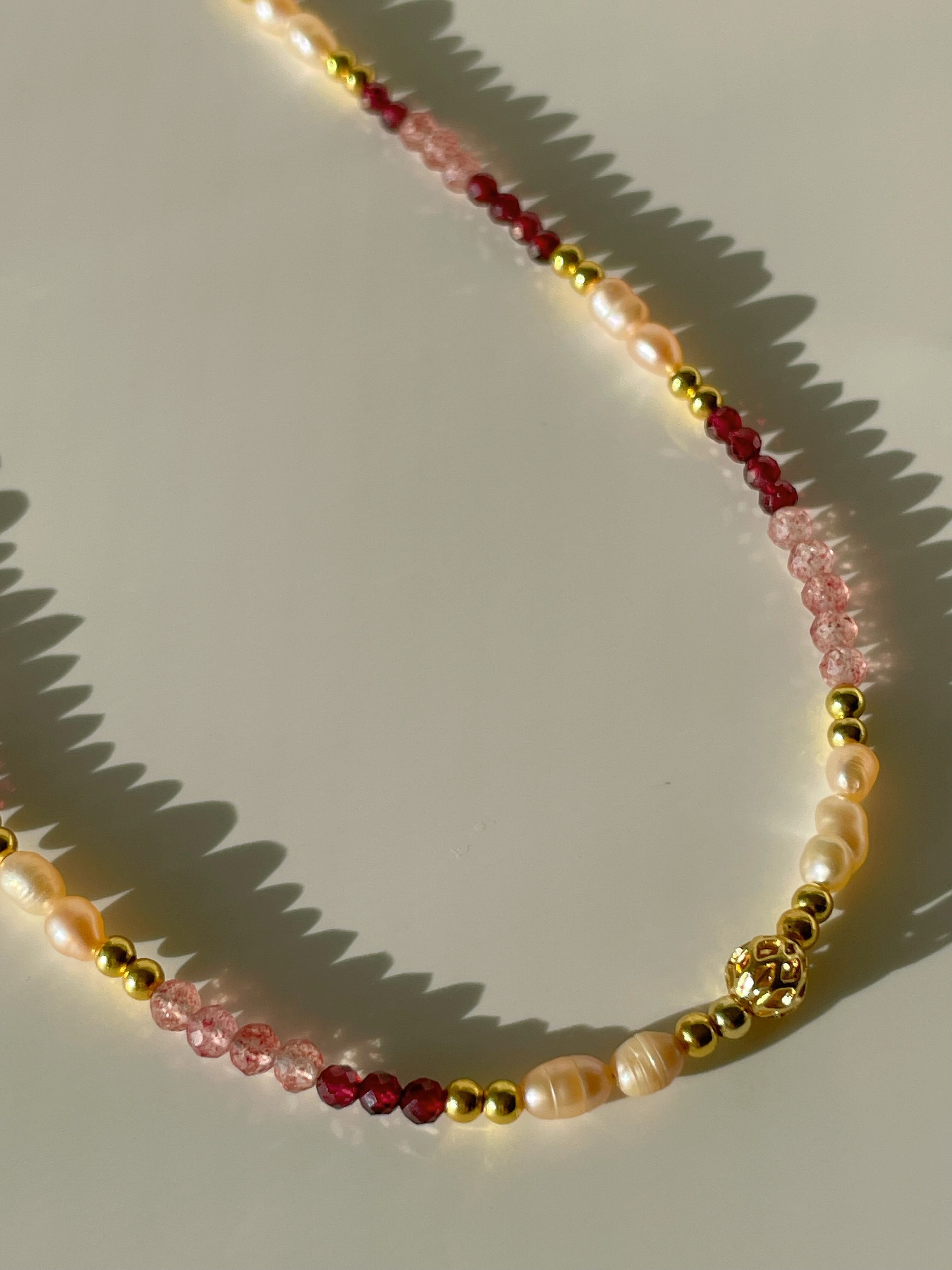 Garnet & Strawberry Quartz Crystal Necklace - 3mm Faceted